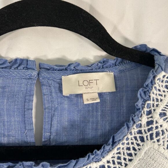 Loft Blouse Women's Small Blue White Crochet 3/4 Bell Sleeve Round Neck Cotton - Picture 3 of 11